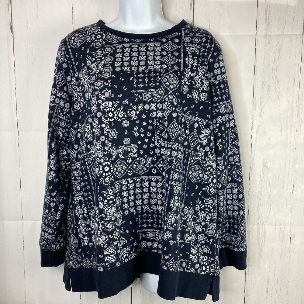 Lands End Sweater Womens Size 14/16 Serious Sweats Paisley Navy Long Sleeve